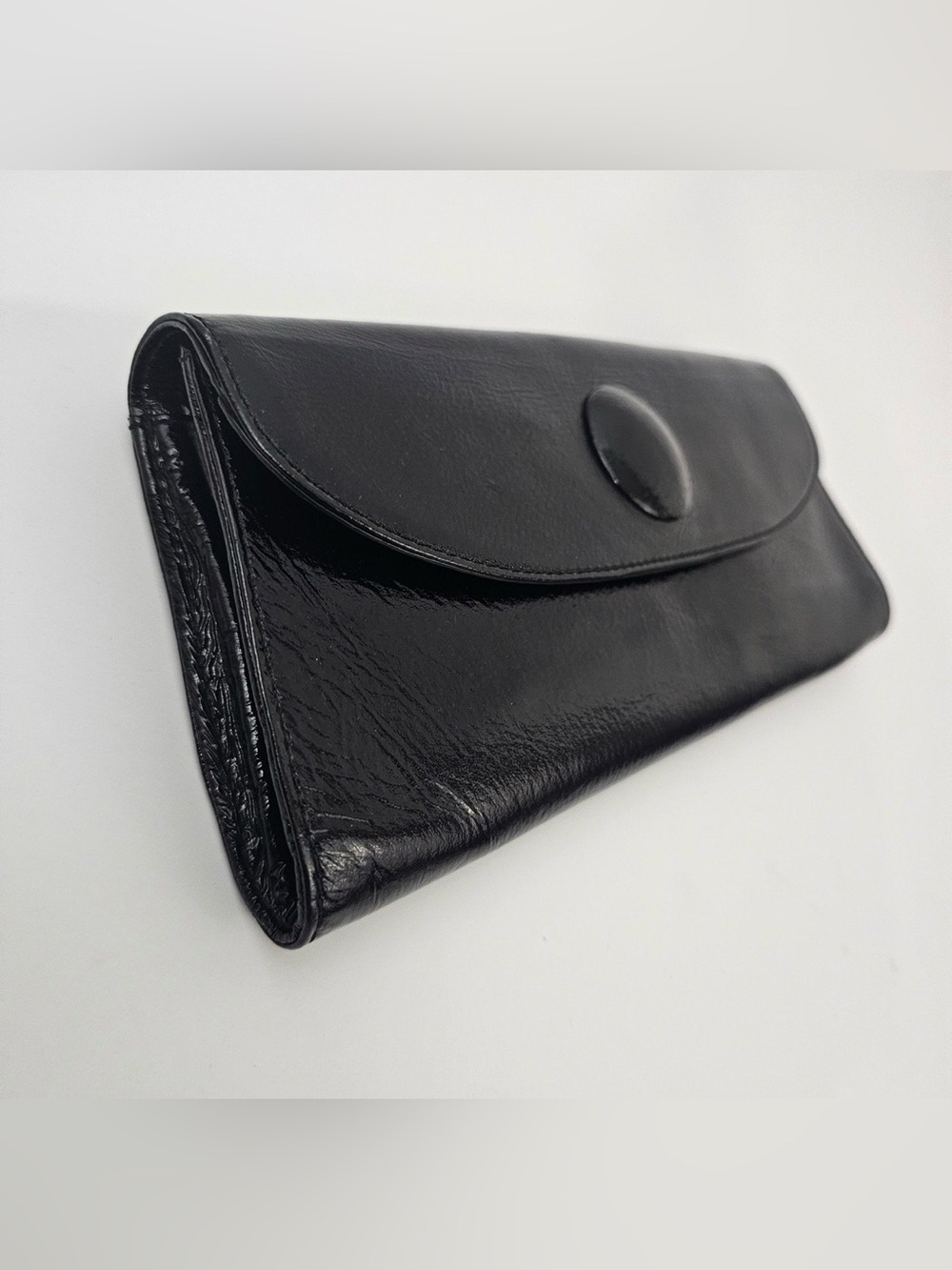 HOBO International Black Leather Foldover Clutch with Snap Accent